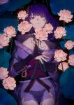  1girl absurdres commentary_request facing_viewer flower genshin_impact highres japanese_clothes kimono looking_at_viewer parted_lips purple_hair purple_kimono raiden_(genshin_impact) solo violet_eyes wading yagita_(astronomie) 