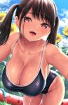  1girl bent_over black_hair breasts competition_swimsuit dripping hanging_breasts kase_daiki large_breasts leaning_forward mole mole_on_breast one-piece_swimsuit open_mouth original smile swimsuit tan tanlines thighs twintails violet_eyes wet 