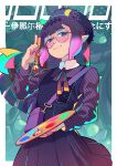  1girl absurdres closed_mouth glasses highres holding holding_paintbrush holding_palette hololive hololive_english keenbiscuit mole mole_under_eye ninomae_ina&#039;nis paintbrush palette_(object) pointy_ears purple_hair purple_nails tentacle_hair virtual_youtuber 