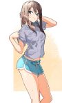  1girl :o arm_behind_head bare_legs black_hair bloom_into_me15 breasts dolphin_shorts dutch_angle ear_piercing foot_out_of_frame green_eyes highres idolmaster idolmaster_cinderella_girls looking_at_viewer medium_breasts midriff midriff_peek piercing shibuya_rin shiny shiny_hair shirt short_sleeves shorts simple_background sketch solo sweatdrop thighs wet wet_clothes wet_shirt 