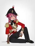  1girl bicorne black_footwear black_pants blush drunk epaulettes from_side glass hat heterochromia highres hololive houshou_marine military open_mouth pants purple_hair pzkpfwi red_eyes sash short_hair solo teeth telescope yellow_eyes 