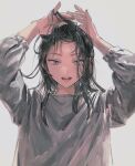  1girl :d adjusting_hair black_hair buttons grey_background grey_eyes grey_shirt highres looking_down medium_hair open_mouth original shirt simple_background sleeves_past_elbows smile solo teeth tsurime ueno_zousui 