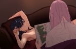  2girls arm_up black_hair blue_eyes closed_mouth clothed_female_nude_female couch dinosaur_costume drawing gridman_universe hand_up highres light_blush long_hair looking_at_another lying multiple_girls nude nude_model on_back on_couch parody pink_hair s9muu scene_reference seigaiha shinjou_akane shirt ssss.gridman takarada_rikka titanic white_shirt yuri 