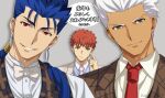  3boys akujiki59 alternate_costume archer_(fate) blue_hair cu_chulainn_(fate) cu_chulainn_(fate/stay_night) dark-skinned_male dark_skin emiya_shirou fate/stay_night fate_(series) formal looking_at_viewer male_focus multiple_boys necktie official_style ponytail red_eyes short_hair smirk spiky_hair suit translation_request upper_body white_hair 
