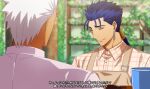  2boys absurdres akujiki59 alternate_costume apron archer_(fate) blue_hair brown_apron collared_shirt contemporary cu_chulainn_(fate) cu_chulainn_(fate/stay_night) dark-skinned_male dark_skin ear_piercing fate/stay_night fate_(series) from_side highres long_hair male_focus multiple_boys official_style piercing ponytail shirt smile spiky_hair subtitled translation_request white_hair 