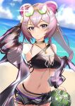  1girl absurdres animal_ears arknights arm_up bangs bare_shoulders beach bikini black_bikini black_choker black_shorts blue_sky breasts choker clouds commentary_request cowboy_shot day eyewear_on_head hair_between_eyes highres jewelry k@bu lin_yuhsia_(arknights) long_hair looking_at_viewer medium_breasts mouse_ears navel necklace off_shoulder outdoors pink_eyes pink_hair short_shorts shorts sky solo standing stomach sunglasses swimsuit water 