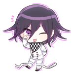  1boy bangs buttons checkered chibi commentary_request dangan_ronpa_(series) dangan_ronpa_v3:_killing_harmony double-breasted fc_(efushii) flipped_hair full_body hair_between_eyes jacket long_sleeves looking_at_viewer lowres male_focus one_eye_closed ouma_kokichi pants purple_hair scarf shoes short_hair simple_background smile solo straitjacket tongue tongue_out violet_eyes white_jacket white_pants 