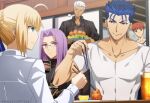  2boys 2girls 3boys akujiki59 archer_(fate) artoria_pendragon_(fate) blue_hair chopsticks covered_abs cu_chulainn_(fate) cu_chulainn_(fate/stay_night) dark-skinned_male dark_skin emiya_shirou fate/stay_night fate_(series) food food_request frown fruit glasses lemon male_cleavage medusa_(fate) medusa_(rider)_(fate) multiple_boys multiple_girls official_style pectorals ponytail purple_hair red_eyes saber shirt short_hair smile spiky_hair toned toned_male white_hair white_shirt 