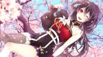  1girl bangs black_hair black_skirt blush cherry_blossoms detached_collar detached_sleeves flower hair_between_eyes hair_rings high-waist_skirt highres indie_virtual_youtuber kisaragi_(kisaragi0530) kurosaki_yuria looking_at_viewer one_eye_closed open_mouth red_eyes second-party_source single_detached_sleeve single_thighhigh sitting skirt smile solo thigh-highs white_flower 