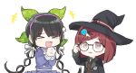  &gt;_&lt; 2girls bangs bespectacled black_jacket brown_hair brown_vest chabashira_tenko chibi commentary_request dangan_ronpa_(series) dangan_ronpa_v3:_killing_harmony eyebrows_visible_through_hair fc_(efushii) gem glasses hair_ornament hair_ribbon hairband hand_up hands_clasped happy hat jacket long_hair long_sleeves low_twintails mole mole_under_mouth multiple_girls open_mouth own_hands_together pink_hairband redhead ribbon school_uniform shiny shiny_hair short_hair simple_background skirt smile twintails vest white_background witch_hat yumeno_himiko 