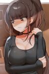  1girl bangs black_shirt blush breast_hold breasts brown_eyes brown_hair closed_mouth collarbone crossed_arms ear_piercing embarrassed eyebrows_visible_through_hair long_hair looking_away mole mole_under_eye oh_(aung_ae) original piercing shiny shiny_clothes shirt solo standing sweatdrop 