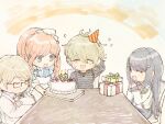  2boys 2girls :d amami_rantarou antenna_hair apron arm_up bangs birthday_cake blue_dress blue_skirt brown_hair cake chibi closed_eyes dangan_ronpa:_trigger_happy_havoc dangan_ronpa_(series) dangan_ronpa_2:_goodbye_despair dangan_ronpa_3_(anime) dangan_ronpa_v3:_killing_harmony dress eyebrows_visible_through_hair fc_(efushii) food from_side gift glasses green_eyes happy_tears hat jacket jewelry long_hair maizono_sayaka multicolored multicolored_background multiple_boys multiple_girls necklace open_mouth party_hat ponytail sailor_collar shirt short_hair skirt smile striped striped_shirt table tears togami_byakuya_(dangan_ronpa_2) v-shaped_eyebrows white_apron white_jacket white_shirt yukizome_chisa 