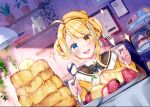  1girl :d ahoge black_bow blonde_hair blue_eyes blue_hair blurry blurry_background blush bow braid brown_eyes brown_sailor_collar commentary_request depth_of_field dutch_angle food fork fruit hands_up heterochromia holding holding_fork holding_spoon indie_virtual_youtuber indoors jacket loco_lost long_sleeves looking_at_viewer macaron multicolored_hair open_mouth pancake pancake_hair_ornament plaid plaid_bow plate rei_(rei&#039;s_room) sailor_collar shirt sleeves_past_wrists smile solo sparkle spoon stack_of_pancakes strawberry streaked_hair tiered_tray two-tone_hair upper_body upper_teeth virtual_youtuber white_shirt yellow_jacket 