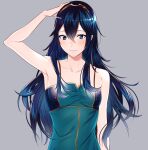  1girl ameno_(a_meno0) bangs blue_eyes blue_hair breasts collarbone fire_emblem fire_emblem_awakening grey_background hair_between_eyes hair_ornament hand_on_head long_hair lucina_(fire_emblem) sidelocks simple_background small_breasts smile solo upper_body 