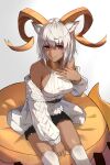  1girl animal_ears arknights beeswax_(arknights) beeswax_(weisser_sand)_(arknights) beeswax_(weisser_sand)_(arknights)_(cosplay) belt black_belt black_shorts breasts cardigan carnelian_(arknights) chinese_commentary cosplay cowboy_shot dark-skinned_female dark_skin english_commentary goat_ears goat_horns gradient gradient_background grey_background hair_between_eyes highres horns looking_at_viewer medium_breasts mixed-language_commentary ni_dgs off_shoulder open_cardigan open_clothes parted_lips red_eyes ribbed_shirt shirt short_hair short_shorts shorts silver_hair simple_background sitting sleeveless sleeveless_shirt smile solo thigh-highs thighs white_background white_cardigan white_legwear white_shirt 
