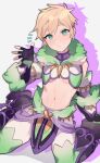  1boy arm_support blonde_hair blue_hair crop_top detached_sleeves fingerless_gloves fur_trim gloves light_blush midriff ming_(5unri5e666) monster_hunter_(series) monster_hunter_stories_2 navel protagonist_(mhs2) short_hair sitting solo stomach wariza waving 