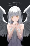  1girl angel angel_wings bangs bare_arms bare_shoulders black_background brown_eyes closed_mouth collarbone commentary dress english_commentary eyebrows_visible_through_hair feathered_wings grey_wings halo hands_clasped hands_together hands_up highres ichika_(ichika87) long_hair looking_at_viewer original own_hands_together simple_background solo upper_body very_long_hair white_dress white_hair wings 