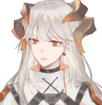  1girl allenerie arknights artist_name bangs black_choker choker closed_mouth commentary dragon_horns earrings expressionless eyebrows_visible_through_hair face highres horns jewelry long_hair orange_eyes portrait saria_(arknights) shirt silver_hair simple_background solo white_background white_shirt 