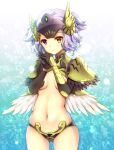  1girl armor bikini_armor black_armor black_gloves breasts brown_eyes character_request closed_mouth elbow_gloves feathered_wings gloves hands_together hands_up headgear heterochromia kuroe_(sugarberry) low_wings navel own_hands_together pauldrons purple_hair shoulder_armor small_breasts solo violet_eyes visor_(armor) white_wings wings wonderland_wars 