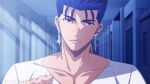  1boy akujiki59 alternate_costume blue_hair casual collared_shirt contemporary cu_chulainn_(fate) cu_chulainn_(fate/stay_night) ear_piercing expressionless fate/stay_night fate_(series) from_side long_hair looking_at_viewer male_focus official_style piercing ponytail shirt solo spiky_hair subtitled translation_request v-neck white_shirt 