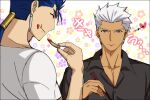  2boys akujiki59 archer_(fate) black_shirt blue_hair casual chopsticks contemporary cu_chulainn_(fate) cu_chulainn_(fate/stay_night) dark-skinned_male dark_skin eating fate/stay_night fate_(series) food french_fries heart looking_at_another male_cleavage male_focus multiple_boys official_style partially_unbuttoned pectorals ponytail red_eyes shirt short_hair spiky_hair toned toned_male translation_request upper_body white_hair 