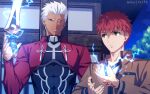  2boys akujiki59 archer_(fate) covered_abs dark-skinned_male dark_skin emiya_shirou fate/stay_night fate_(series) gakuran lightning looking_at_another male_focus multiple_boys muscular muscular_male official_style orange_hair pectorals school_uniform short_hair shrug_(clothing) spiky_hair upper_body white_hair 