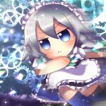  1girl 313_mcmc apron blue_background blue_dress blue_eyes blue_footwear bow braid dress frilled_apron frilled_skirt frills fumo_(doll) green_bow hair_bow highres izayoi_sakuya maid maid_apron maid_headdress medium_hair puffy_short_sleeves puffy_sleeves short_hair short_sleeves silver_hair skirt touhou twin_braids waist_apron wings 