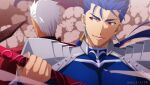  2boys akujiki59 archer_(fate) armor back-to-back blue_hair cu_chulainn_(fate) cu_chulainn_(fate/stay_night) dark-skinned_male dark_skin fate/stay_night fate_(series) gae_bolg_(fate) holding holding_polearm holding_spear holding_sword holding_weapon kanshou_&amp;_bakuya_(fate) looking_at_another male_focus multiple_boys official_style pauldrons polearm ponytail red_eyes short_hair shoulder_armor smile spear spiky_hair sword toned toned_male upper_body weapon white_hair 