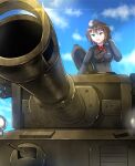 1girl bangs black_headwear black_jacket blue_sky brown_eyes brown_hair clouds cloudy_sky commentary day diffraction_spikes dress_shirt foreshortening garrison_cap girls_und_panzer ground_vehicle hand_in_hair hat highres jacket kuromorimine_military_uniform long_sleeves military military_hat military_uniform military_vehicle motor_vehicle nishizumi_maho nyx_(mebius_no_wa) open_mouth outdoors red_shirt shirt short_hair sky solo tank tiger_i uniform wing_collar 