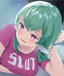  1girl bangs breasts clothes_writing collarbone eyebrows_visible_through_hair finana_ryugu green_hair head_fins highres kono_subarashii_sekai_ni_shukufuku_wo! leaning_forward medium_breasts nijisanji nijisanji_en open_mouth parody print_shirt profanity purple_shirt shirt smile smug solo t-shirt virtual_youtuber zephryion 