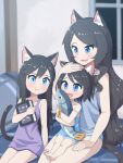  3girls :d :t absurdres animal_ear_fluff animal_ears black_hair blue_eyes blurry blurry_background blush cat_ears cat_tail child closed_mouth depth_of_field dress grey_shirt headpat highres jealous long_hair mother_and_daughter multiple_girls nekoze_(s22834712) open_mouth original purple_dress shirt short_dress siblings sisters sitting smile tail tu_ya_(nekoze) very_long_hair 