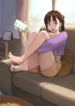  1girl bare_legs barefoot bookshelf brown_eyes brown_hair brown_shorts calendar_(object) cellphone commentary couch day eyelashes full_body hair_ribbon half_updo highres holding holding_phone hugging_own_legs indoors jun_(seojh1029) knees_to_chest looking_at_viewer medium_hair midriff open_mouth original panties panty_peek phone purple_shirt ribbon shirt short_shorts short_sleeves shorts sitting smartphone smile solo sunlight thighs translated twintails underwear white_panties window yellow_ribbon 