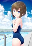  1girl ass blue_eyes blue_swimsuit breasts brown_hair clouds competition_school_swimsuit from_side hair_ornament hairclip hands_on_own_chest highres looking_back one-piece_swimsuit open_mouth original pool school_swimsuit short_hair sky small_breasts smile solo swimsuit yunarebun 