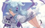  1girl animal_ears aqua_eyes bangs blue_hair commentary dragon_wings elira_pendora extra_eyes gloves grey_gloves grey_overalls hair_ornament hair_over_one_eye hairclip highres klaius long_hair long_sleeves looking_at_viewer low_wings multicolored_hair nijisanji nijisanji_en one_eye_covered overall_shorts overalls pikl_(elira_pendora) slit_pupils smile solo two-tone_hair virtual_youtuber white_hair wings 