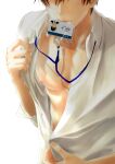  1boy absurdres akizo bangs bare_pectorals brown_hair dress_shirt facing_viewer hand_up head_out_of_frame highres id_card lanyard male_focus mouth_hold nipples open_clothes open_shirt original partially_unbuttoned pectorals shirt simple_background solo sweat undressing upper_body white_shirt 