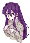  1girl blush blush_stickers chomahu doki_doki_literature_club hair_intakes hair_ornament hairclip hands_on_own_chest long_hair looking_at_viewer purple_hair solo sweater turtleneck turtleneck_sweater upper_body violet_eyes white_background yuri_(doki_doki_literature_club) 