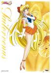  1990s_(style) 1girl aino_minako back_bow bangs bishoujo_senshi_sailor_moon blonde_hair blue_bow blue_eyes bow character_name choker circlet company_name copyright_name elbow_gloves eyebrows_visible_through_hair full_body gloves hair_bow hair_twirling hand_up high_heels highres inner_senshi leotard logo long_hair looking_at_viewer miniskirt musical_note non-web_source official_art orange_choker orange_footwear orange_sailor_collar orange_skirt pleated_skirt poster_(medium) red_bow retro_artstyle sailor_collar sailor_senshi sailor_venus shiny shiny_hair short_sleeves skirt smile solo standing strappy_heels striped tiara vertical_stripes very_long_hair white_gloves white_leotard yellow_bow 