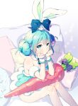  1girl animal_ears aqua_hair arm_support bare_shoulders bicute_bunnies_miku black_ribbon blurry blurry_background carrot_pillow couch dot_nose double_bun elbow_rest expressionless eyelashes fake_animal_ears feet_out_of_frame fishnet_legwear fishnets floral_print food-themed_pillow frilled_cuffs frills from_above fur_trim hair_between_eyes hatsune_miku head_rest highres leaf_print light_blush light_particles looking_at_viewer looking_up on_couch parted_lips pillow pom_pom_(clothes) rabbit_ears ribbon rumi_(rarumi11) shadow shiny shiny_hair sideways_glance sitting solo sparkle stuffed_toy translucent_hair vocaloid wrist_cuffs 