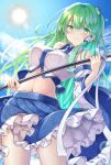 1girl aka_tawashi closed_mouth commentary cowboy_shot day from_below gohei green_eyes green_hair highres holding holding_stick kochiya_sanae long_hair looking_at_viewer outdoors sky smile solo stick sun touhou very_long_hair 