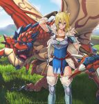  1girl armor ayuria blonde_hair blue_eyes bone_hair_ornament cape dragon fur_cape hair_ornament hybridmink medium_hair monster_hunter_(series) monster_hunter_stories monster_hunter_stories_2 rathalos wyvern 