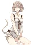  1girl au_ra bangs blue_eyes breasts commentary_request dragon_horns dragon_tail final_fantasy final_fantasy_xiv highres horns light_brown_hair makimura_shunsuke scales short_hair small_breasts solo swept_bangs tail white_background 