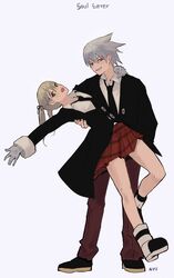  1boy 1girl arm_over_shoulder black_footwear black_neckwear black_ribbon black_suit blonde_hair blush copyright_name dancing formal gloves green_eyes grey_hair hair_between_eyes hair_ribbon highres long_hair maka_albarn necktie neckwear null_(skev7724) open_mouth pants parted_lips plaid plaid_skirt red_eyes red_pants red_skirt ribbon sharp_teeth signature skirt smile soul_eater soul_eater_(character) spiky_hair suit teeth upper_teeth white_gloves 