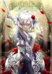  1girl backlighting boots closed_mouth crossed_legs crying english_text flower g_riya119 gears grey_eyes hair_bun hair_flower hair_ornament highres holding holding_sword holding_weapon looking_at_viewer petals red_flower rose sad sidelocks silver_gloves sinoalice sitting snow_white_(sinoalice) solo sword thigh-highs thigh_boots weapon white_hair 