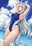  1girl ahoge animal_ears beach blue_eyes blue_sky blue_swimsuit breasts bunny_pose clouds commentary_request competition_swimsuit cowboy_shot day dutch_angle ear_ornament highleg highleg_swimsuit highres horizon horse_ears horse_girl horse_tail kinntarou large_breasts long_hair looking_at_viewer ocean oguri_cap_(umamusume) one-piece_swimsuit outdoors silver_hair sky solo standing swimsuit tail umamusume 