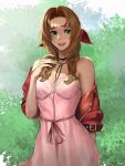  1girl absurdres aerith_gainsborough bangs blush bolo_tie bow brown_hair commentary cropped_jacket dress drill_hair final_fantasy final_fantasy_vii final_fantasy_vii_remake green_eyes hair_bow highres jacket light_blush looking_at_viewer off_shoulder open_mouth parted_bangs pink_dress red_jacket shade smile solo twin_drills upper_body zerod00 