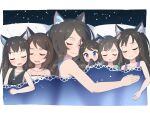  6+girls absurdres animal_ear_fluff animal_ears bare_arms bare_shoulders black_shirt blue_eyes blush brown_hair cat_ears cat_tail closed_eyes closed_mouth highres long_hair lying mother_and_daughter multiple_girls nekoze_(s22834712) on_back on_side original parted_lips quintuplets shirt sleeping smile tail tu_ya_(nekoze) under_covers 