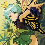  1girl arm_up bangs black_dress black_sleeves blue_hair breasts bug butterfly closed_mouth dress eternity_larva eyebrows_visible_through_hair green_dress hair_between_eyes hand_up insect leaf looking_to_the_side maaru_(akira428) short_hair short_sleeves small_breasts smile solo standing touhou yellow_background yellow_eyes 