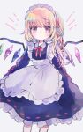  1girl alternate_costume apron bangs black_dress blonde_hair blush commentary_request crystal dress enmaided feet_out_of_frame flandre_scarlet grey_background hair_ribbon hiyuu_(hiyualice) long_hair long_sleeves looking_at_viewer maid maid_day maid_headdress neck_ribbon one_side_up red_eyes red_neckwear red_ribbon ribbon simple_background solo touhou wings 