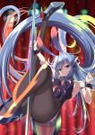 1girl absurdly_long_hair animal_ears arm_strap ass azur_lane bare_shoulders black_footwear black_legwear blue_eyes blue_hair blurry blurry_background bodystocking breasts detached_collar eyebrows_visible_through_hair fake_animal_ears high_heels highres kagura_hiromu large_breasts leotard long_hair looking_at_viewer new_jersey_(azur_lane) new_jersey_(exhilarating_steps!)_(azur_lane) official_alternate_costume oversized_breast_cup playboy_bunny pole pole_dancing purple_leotard rabbit_ears solo stage_lights stiletto_heels strapless strapless_leotard stripper_pole very_long_hair wrist_cuffs 
