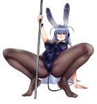  1girl animal_ears ass azur_lane black_legwear black_leotard blue_eyes blue_hair bodystocking breasts fake_animal_ears fake_tail full_body highleg highleg_leotard kukoi large_breasts legs leotard new_jersey_(azur_lane) new_jersey_(exhilarating_steps!)_(azur_lane) official_alternate_costume oversized_breast_cup pantyhose playboy_bunny pole rabbit_ears simple_background solo strapless strapless_leotard stripper_pole tail thighs white_background wrist_cuffs 